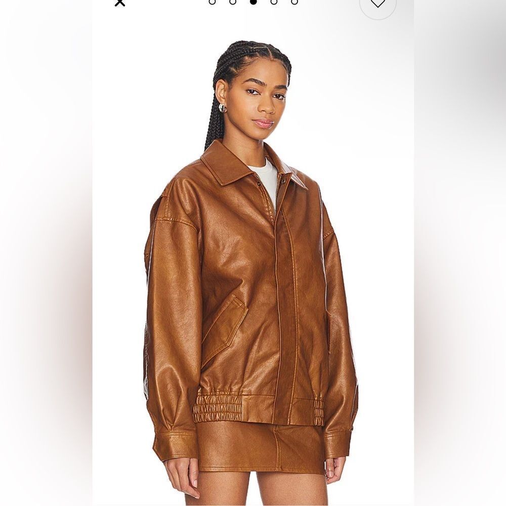 Lioness Kenny Bomber Tan brown jacket and skirt set vegan leather Revolve XS - Picture 5 of 12
